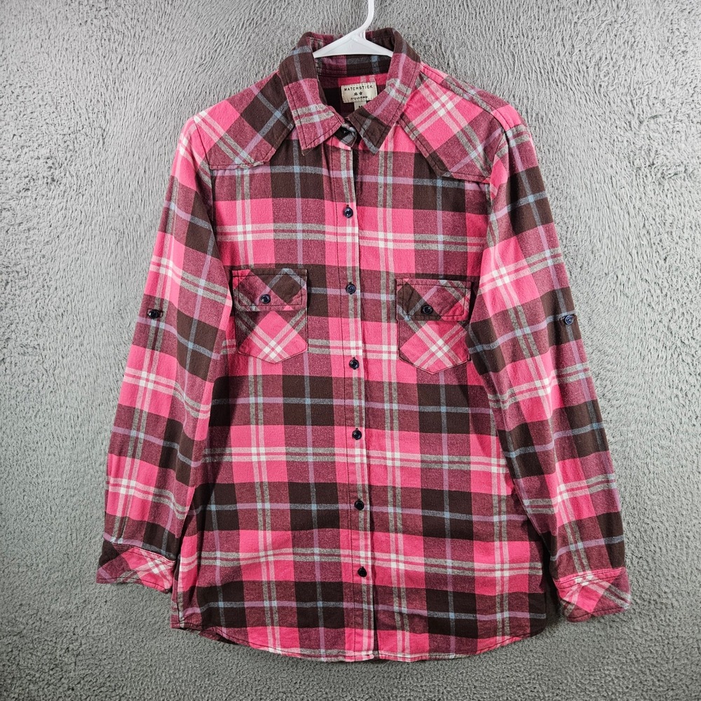 Matchstick Womens Pink Brown Plaid Flannel Button Down Shirt Western Size Medium